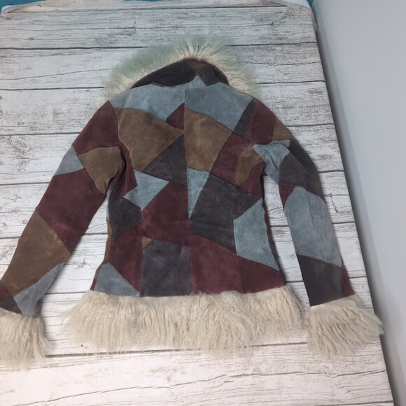 Suede Leather Patchwork with Real Fur Trim Boho Vintage Style Jacket Women 6 - Picture 6 of 6